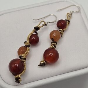 Handmade Sterling Silver Honey Amber Beads Gold String Dangle Earrings